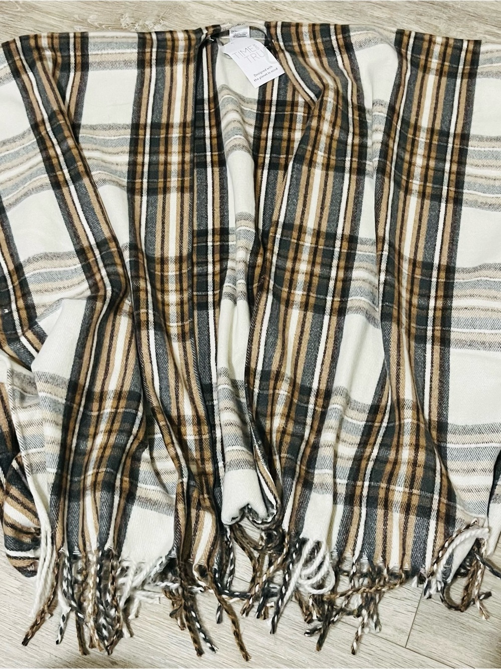 Time and Tru Cream, Brown and Gray Plaid Shaw with Fringe